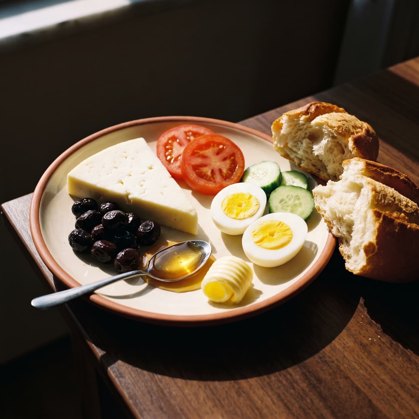 Placeholder for a photograph: A single place setting from the Turkish breakfast at Cafe102 — cheese, olives, tomato and a boiled egg on one plate, with bread alongside.