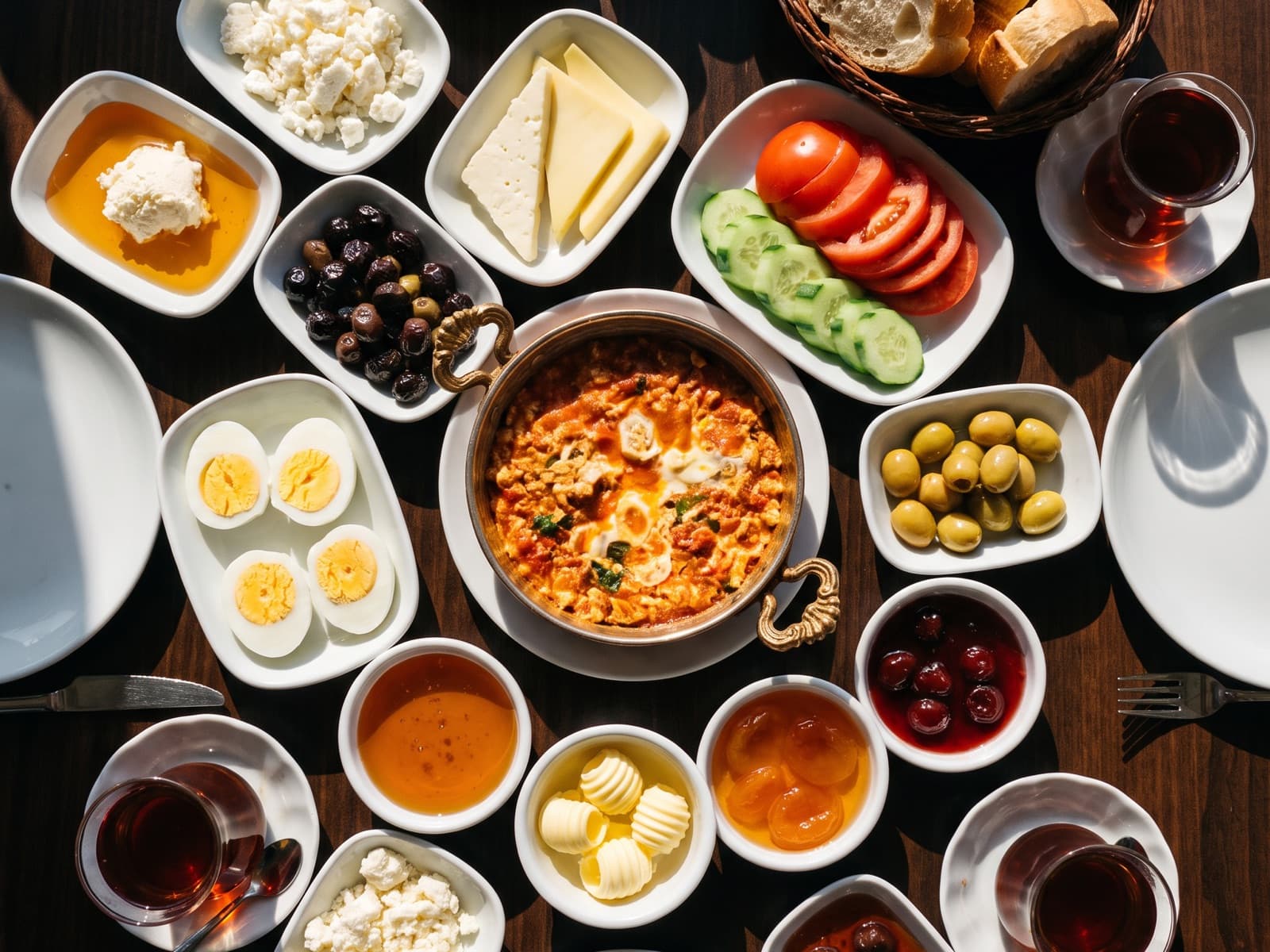 Placeholder for a photograph: A full Turkish breakfast spread at Cafe102 — small dishes of cheese, olives, tomato, cucumber, eggs, preserves and butter covering a whole table, with bread and tulip glasses of tea.