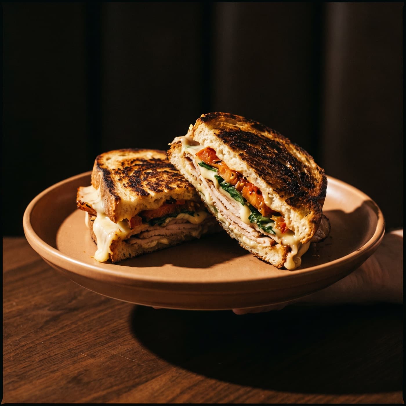 Placeholder for a photograph: The 102 Sandwich cut in half on a plate, its filling visible at the cut edge.