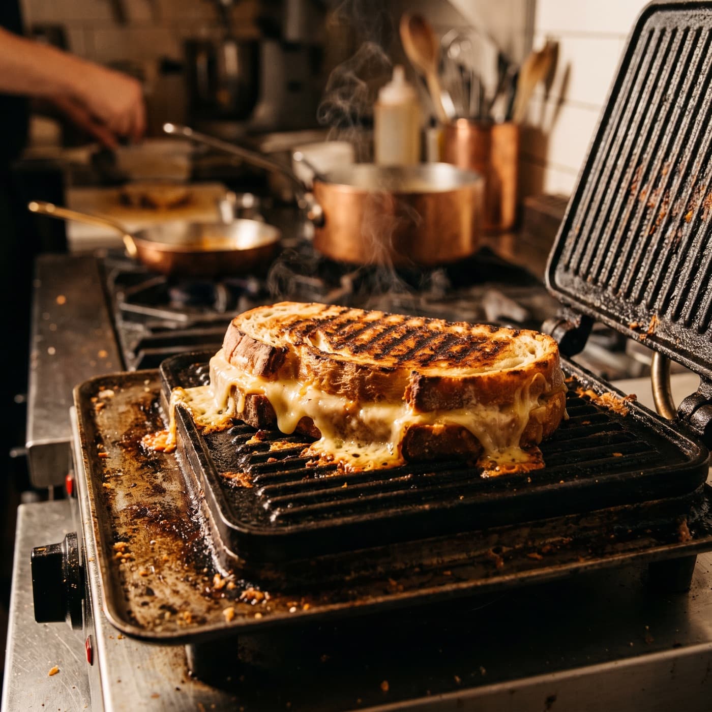 Placeholder for a photograph: A stuffed tost pressed on the grill at Cafe102, cheese beginning to run at the edges.