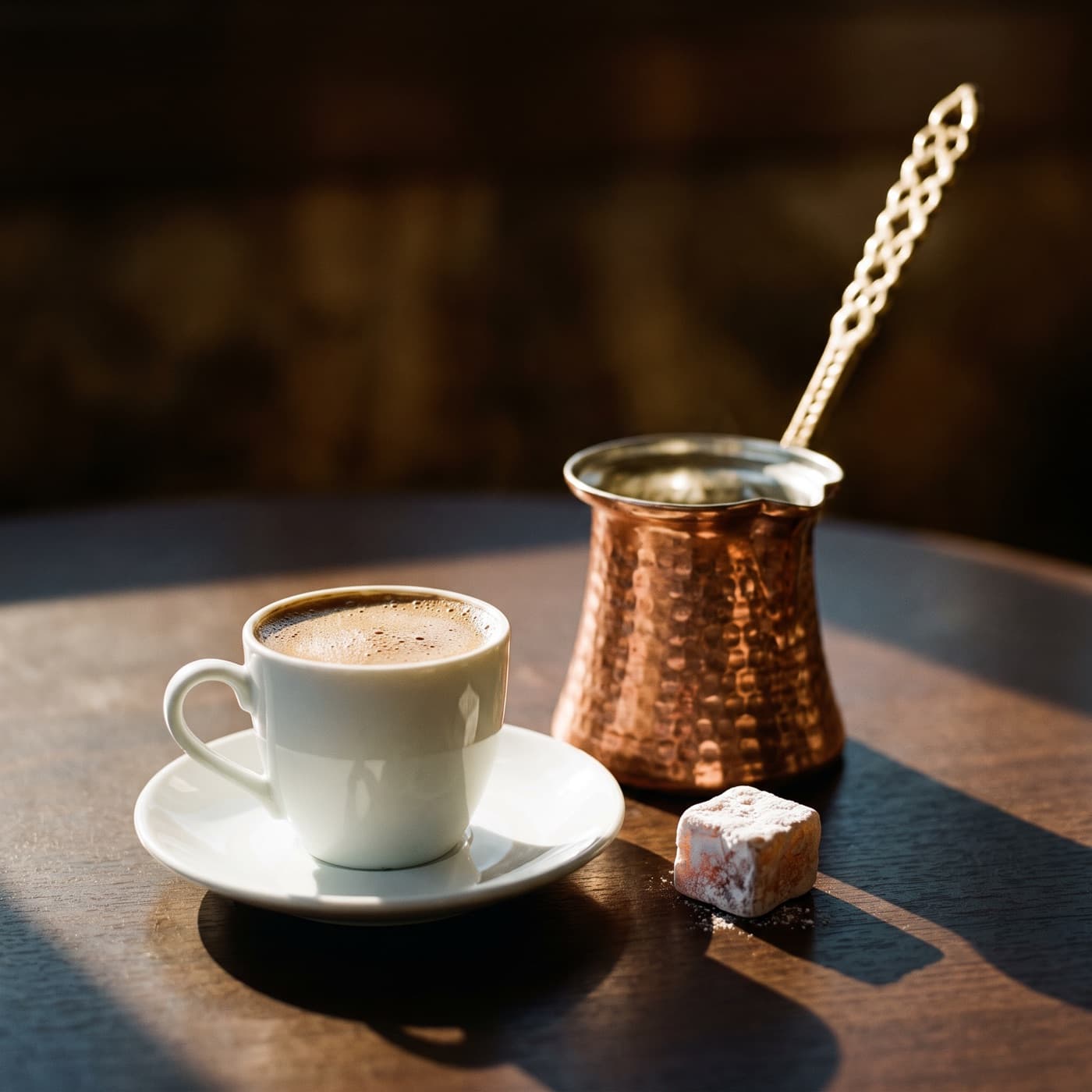 Placeholder for a photograph: Turkish coffee served in a small cup beside the copper cezve it was brewed in.